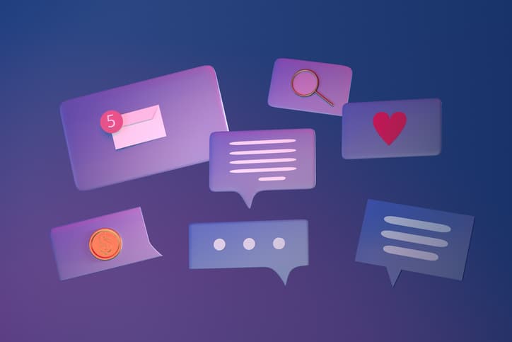 Floating social media chat bubbles, notifications, and reaction icons on a violet background